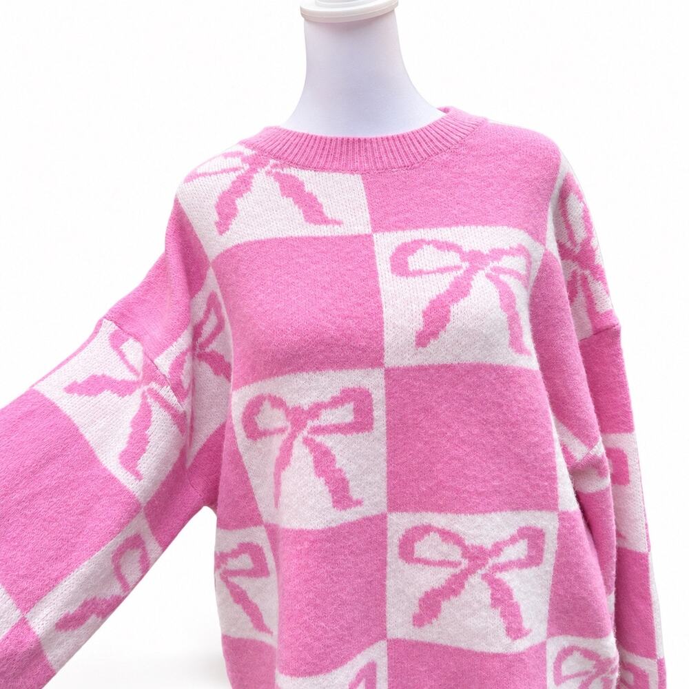 Entro Pink White Bow Sweater Women’s Size L Knit Pullover